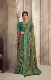 Exquisite Contrasting Green Floral Organza saree with beautiful print, piping work or tassels on pallu | party wear saree | Festive saree